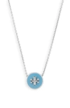 Tory Burch Kira Enamel Pendant Necklace In Tory Silver/lanai Blue