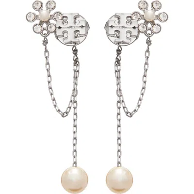 Tory Burch Kira Faux Pearl Chain Linear Earrings In Metallic