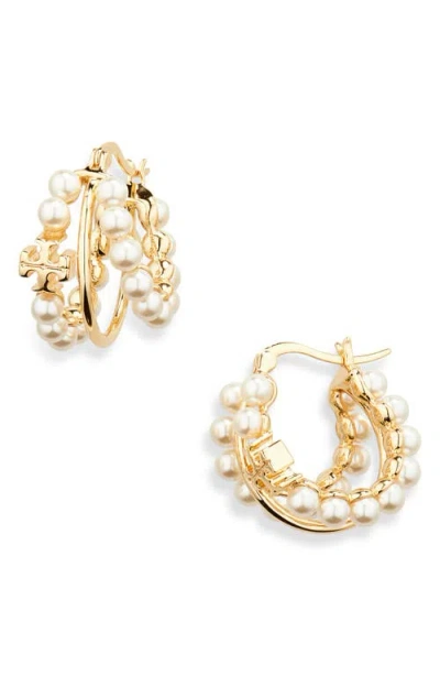 Tory Burch Kira Faux Pearl Triple Row Hoop Earrings In Tory Gold/pearl