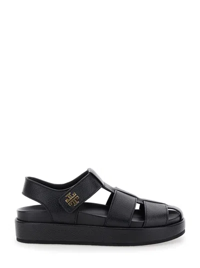 TORY BURCH 'KIRA' BLACK SANDALS WITH LOGO PLAQUE IN GRAINED LEATHER WOMAN