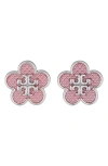 Tory Burch Kira Flower Stud Earrings In Tory Silver/pink