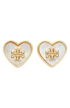 Tory Burch Kira Mother Of Pearl Heart Stud Earrings In Gold Tone In Tory Gold/mother Of Pearl