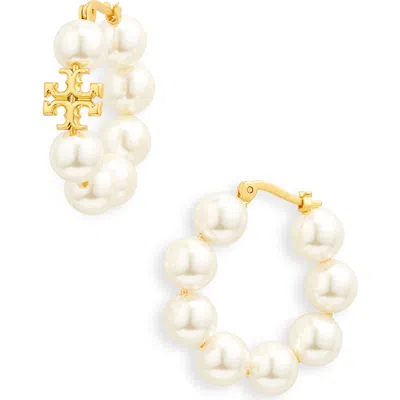 Tory Burch Kira Imitation Pearl Hoop Earrings In Gold