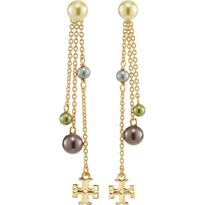 Tory Burch Kira Imitation Pearl Linear Drop Earrings In Gold