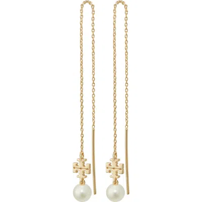 Tory Burch Kira Imitation Pearl Threader Drop Earrings In Tory Gold / Pearl