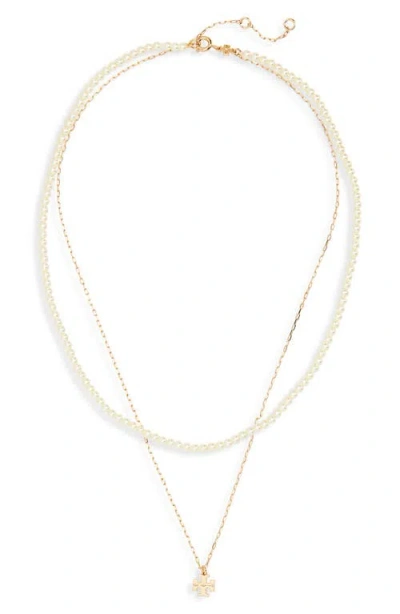 Tory Burch Kira Layered Faux Pearl Necklace In Gold