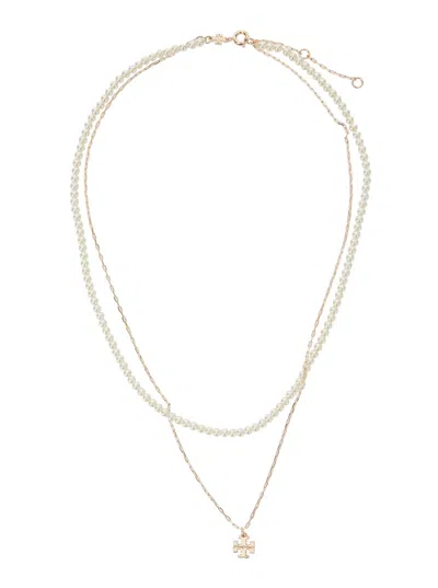 Tory Burch Kira Layered Necklace With Double T Pendant In Brass Blend Woman