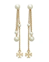 Tory Burch Kira Imitation Pearl Linear Drop Earrings In Matte Gold/white
