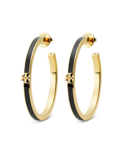 Tory Burch Kira Logo Color Inlay Hoop Earrings In 18k Gold Plated In Black/gold