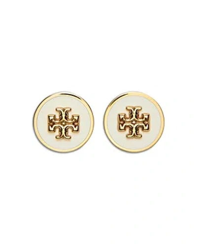 Tory Burch Kira Logo Colored Disc Stud Earrings In Ivory/gold
