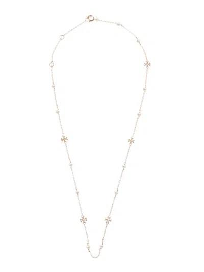 Tory Burch Kira Logo Mini Necklace With Cultured Pearls In Gray