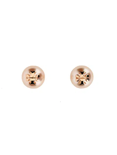 Tory Burch Kira Logo Plaque Pearl Earrings In Pink