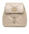 Tory Burch Kira Beige Backpack With Metallic Logo Plate On The Front In Quilted Leather Woman In Neutral
