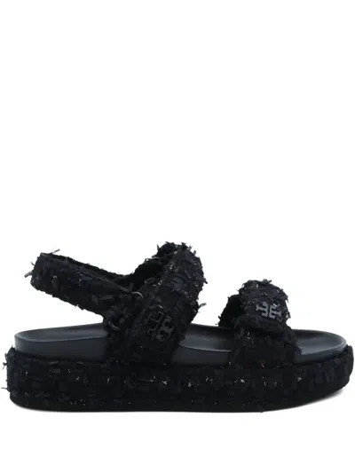Tory Burch Double T-plaque Touch-strap Suede Sandals In Black