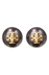 Tory Burch Kira Logo Swarovski Crystal Imitation Pearl Stud Earrings In Black