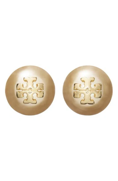 Tory Burch Kira Logo Swarovski Crystal Imitation Pearl Stud Earrings In Tory Gold/rose
