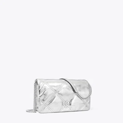 Tory Burch Kira Metallic Diamond Quilt Chain Wallet In Silver