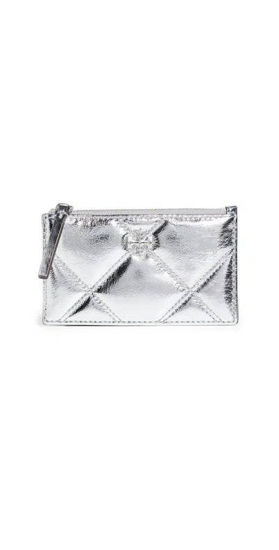Tory Burch Kira Metallic Diamond Quilt Zip Card Case Silver In White