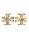 Tory Burch Kira Metallic Earings With Double T Motif And Crystal Embellishments In Gold Plated Brass Woman In Silver