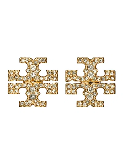 Tory Burch Kira Metallic Earings With Double T Motif And Crystal Embellishments In Gold Plated Brass Woman