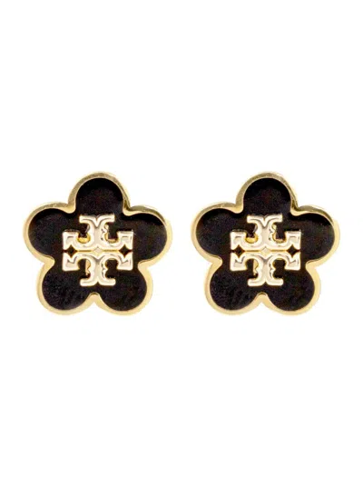Tory Burch Kira Metallic Earings With Flower Design And Embossed Logo In Brass Blend Woman In Neutral