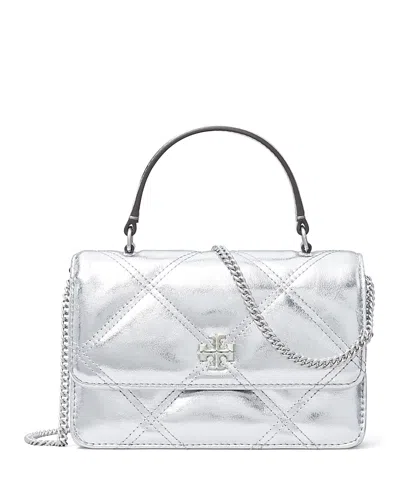 TORY BURCH MINI KIRA METALLIC LEATHER DIAMOND QUILT TOP HANDLE CHAIN WALLET