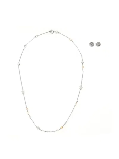 TORY BURCH 'KIRA' METALLIC NECKLACE AND EARINGS SET WITH DOUBLE T MOTIF IN BRASS BLEND WOMAN