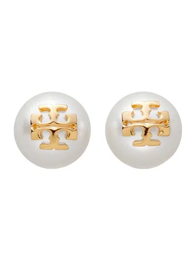 TORY BURCH 'KIRA' METALLIC STUD EARINGS WITH PEAL AND DOUBLE T MOTIF IN BRASS WOMAN