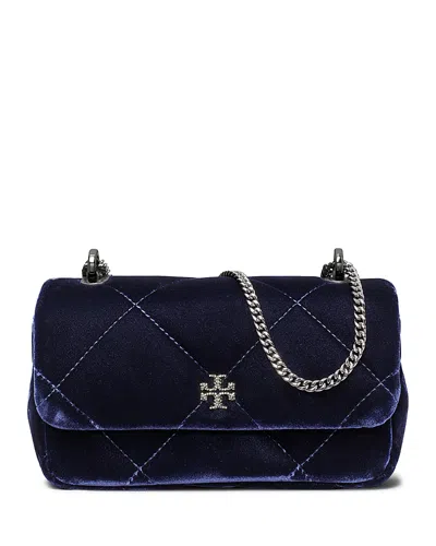 Tory Burch Kira Mini Diamond Quilted Velvet Flap Bag In Blue