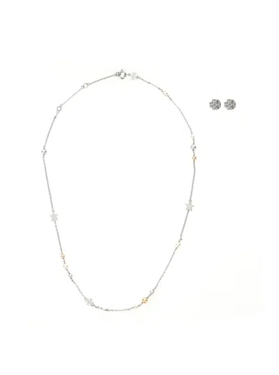Tory Burch 'kira' Metallic Necklace And Earings Set With Double T Motif In Grey