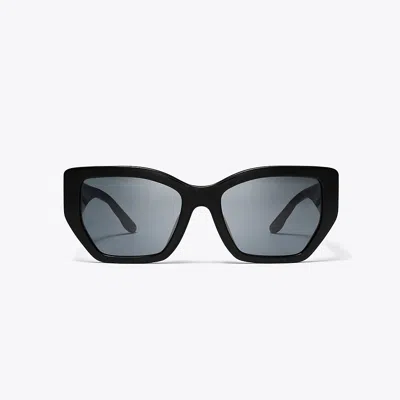 Tory Burch Kira Quilted Oversized Geometric Sunglasses In Black/solid Grey