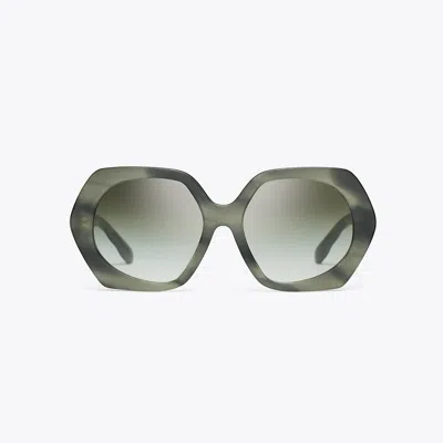 Tory Burch Kira Oversized Geometric Sunglasses In Green Horn/dark Green Clear Gradient
