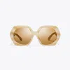 Tory Burch Kira Oversized Geometric Sunglasses In Ivory Horn/ochre