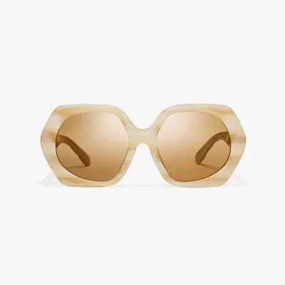 Tory Burch Kira Oversized Geometric Sunglasses In Ivory Horn/ochre