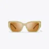 Tory Burch Kira Quilted Oversized Geometric Sunglasses In Ivory Horn/solid Brown