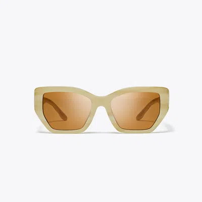 Tory Burch Kira Quilted Oversized Geometric Sunglasses In Ivory Horn/solid Brown
