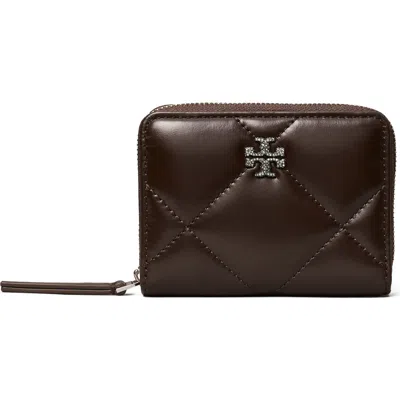 Tory Burch Kira Pavé Diamond Quilted Leather Zip Card Case In Brown