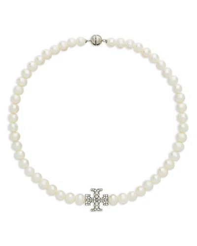 Tory Burch Kira Pave Double T & Cultured Freshwater Pearl Collar Necklace, 16.3 In White