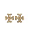 Tory Burch 'kira' Metallic Earings With Double T Motif And Crystal Embellishments In Gold