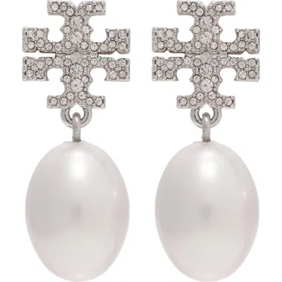 Tory Burch Kira Pavé Faux Pearl Drop Earrings In Silver