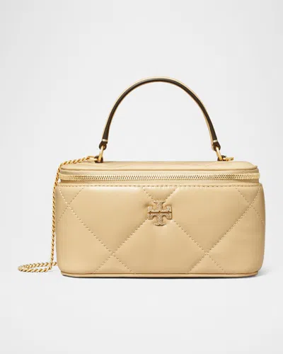 Tory Burch Kira Pave Logo Diamond Quilted Leather Vanity Case In Vanilla Soft Serve