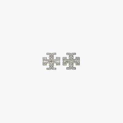 Tory Burch Kira Pave Double T Stud Earrings In Gold Tone In Tory Silver/crystal