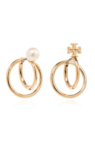 Tory Burch Kira Pearl Double Hoop Earrings In Gold/cream