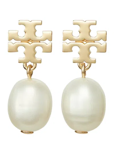 TORY BURCH 'KIRA' GOLD COLORED HOOP EARINGS WITH PEARL DETAIL IN METAL WOMAN
