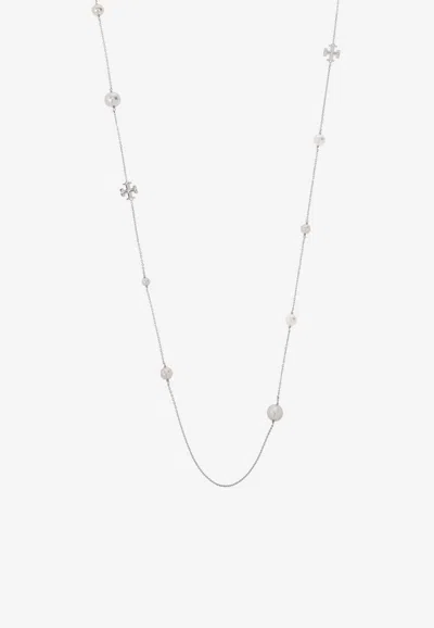 Tory Burch Kira Pearl Long Necklace In Silver