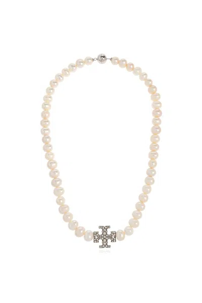 Tory Burch Kira Logo-embellished Pearl Necklace In Beige