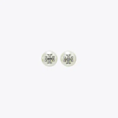 Tory Burch Kira Pearl Stud Earring In Tory Silver/pearl/crystal