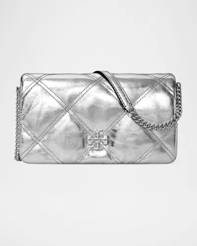 Tory Burch Kira Quilted Metallic Leather Wallet On Chain In Silver