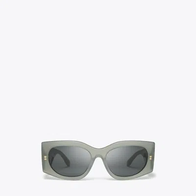 Tory Burch Kira Rectangle Sunglasses In Milky Grey Green/dark Grey