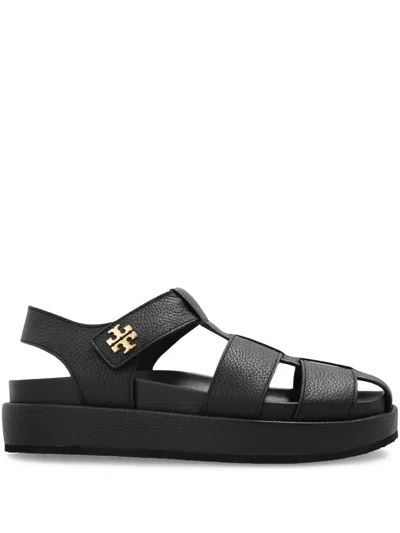 Tory Burch Kira Black Sandals With Logo Plaque In Grained Leather Woman